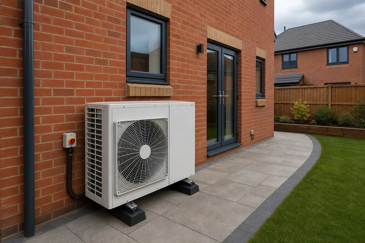 Air source heat pump on the rear patio of a detached Sunderland home