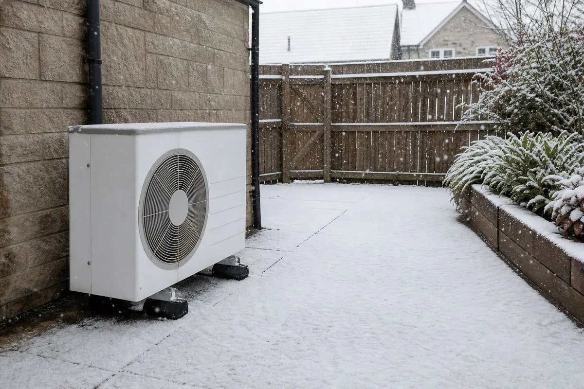Heat pump running in snow at a Sunderland home, ready for upgrade