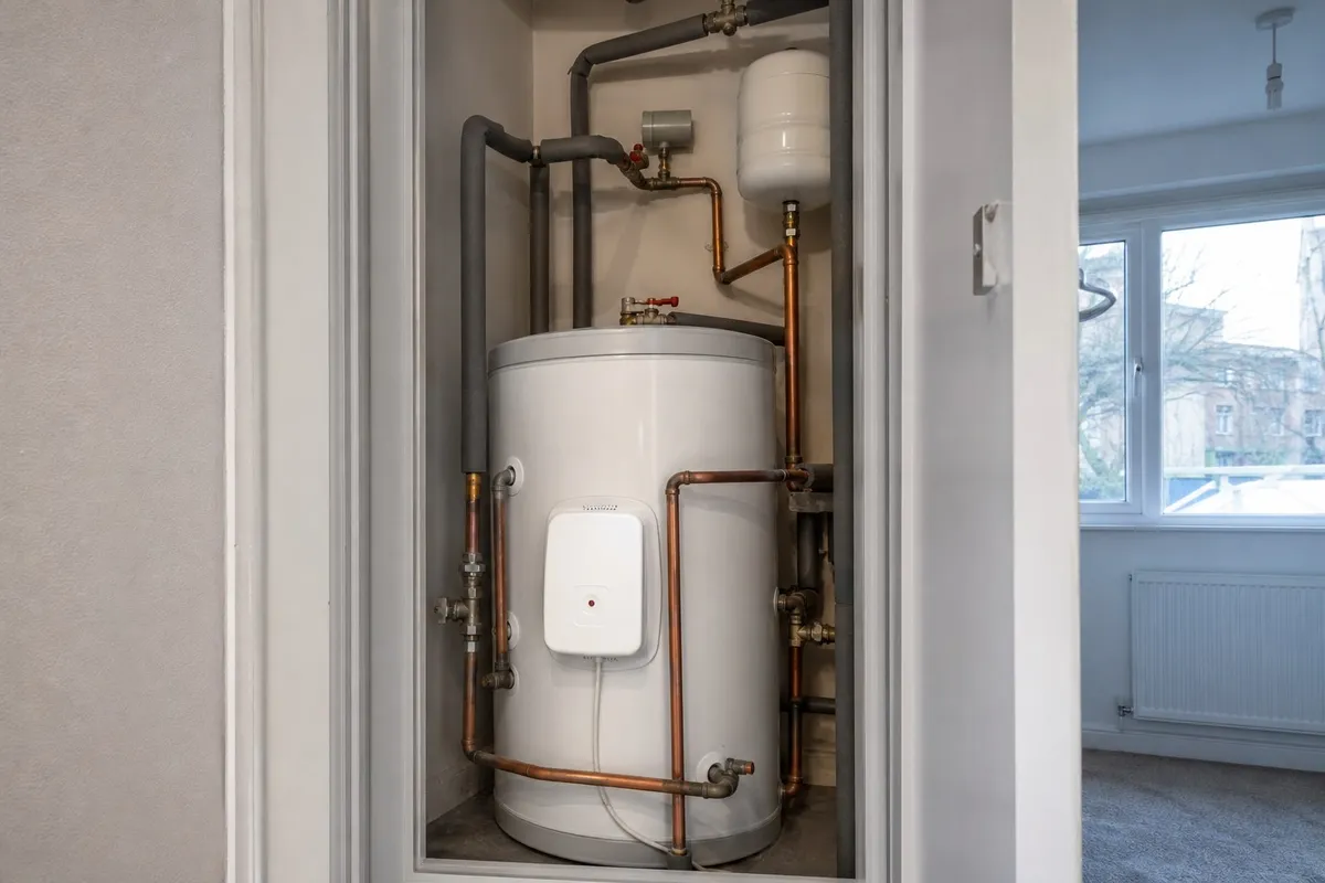Hot water cylinder and pipework checked during a Sunderland heat pump service